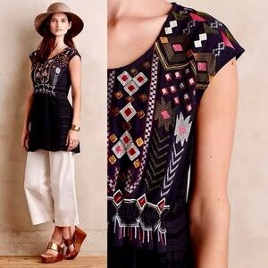 ONE SEPTEMBER Anthropologie Barranco Embroidered Navy Blue Tunic Top